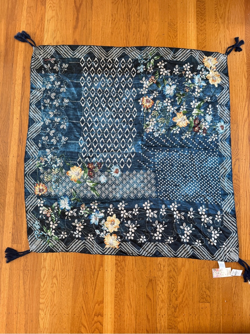 NWT Johnny Was Navy Floral Patchwork Throw with Tassels